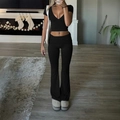 Women Y2K casual black two-piece set with V-neck t-shirt and flared pants outfit - S / Black