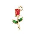 Red enamel rose charm with green leaves and gold metal base for DIY jewelry making - Red Rose