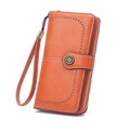 Women's long orange wallet with lychee texture, wrist strap, and decorative stitching - Orange