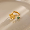 Gold stainless steel ring with elegant flower motif and round green natural stone inlay - 3D Flower & Green Bead Open Ring