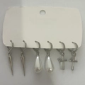 3-pair silver metal earring set with faux pearls, cross, and cone charms on card - Silver White Teardrop Pearl (A-260)