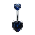 Titanium steel belly button ring featuring dual heart-shaped blue cubic zirconia stones - Dark Blue