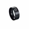 Macro detail of 8mm black stainless steel ring featuring white Viking Vegvisir compass totem - Vegvisir