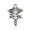 Silver RN Caduceus charm pendant in antique finish for registered nurse jewelry - Antique Silver RN Caduceus 15x20mm