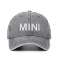 Close-up of white MINI embroidery on vintage washed grey cotton baseball cap for kids - Adjustable / Grey MINI