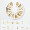Golden alloy nail art studs featuring flamingo, cat, and pineapple shapes in a round storage box - Modern Series (XY-08)