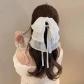 Elegant white mesh bow hair clip with faux pearl trim and long flowing ribbons - Creamy White-Pearl Ribbon Claw Clip