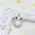 Silver owl pendant with white shell body and blue gem eyes set with zircon crystals - Owl / Silver