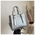 Macro detail of silver woven texture tote bag with metallic PU leather finish and handles - Silver