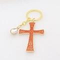 Detail of golden cross keychain with orange rhinestones and clear teardrop crystal - Orange Red-2