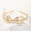 Detail view of golden metal leaf headband showing 3.8cm height and 14g lightweight design - Metal Headband-Hollow Large Leaf