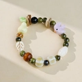 Handmade ceramic bird and leaf beaded bracelet in natural green and brown tones - Flying Bird Forest Style (1539-01) / Multicolor