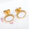 Golden stainless steel oval earrings with white shell inlay measuring 1cm by 0.8cm - Round Stud Earrings / 2 Pcs Per Pair
