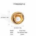 Irregular gold lava texture earring with white pearl showing 29x30mm dimensions - Gold Irregular Ripple Pearl Ring (YYR025027-G)