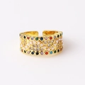 Detail view of gold open ring with colorful zircons and white imitation pearls - Multi-color Zirconia Beaded Row Style (Style 8)