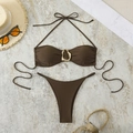 Detail of dark brown halter bikini set featuring a gold ring and ruched bandeau top - S / Top And Bottom / Coffee