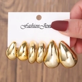 Three-pair set of polished golden teardrop earrings in small, medium, and large sizes - Gold Drop and C-shape Combo Style (E0100-2)