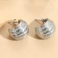 Silver geometric C-shape earrings featuring a unique hammered texture in a polished finish - Hammered Texture Hoop Earrings / Steel