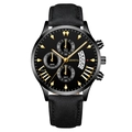 Classic Geneva men's chronograph watch with black leather strap and calendar display - Black Dial Gold Pointer Black Case