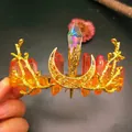 Detailed view of handmade golden branch crown with colorful natural crystal quartz columns - Yellow Orange Crystal + Gold Wings Moon Flat Style