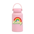 Pink 650ml vacuum insulated water bottle featuring rainbow print and Lucky text - Pink Lucky Rainbow