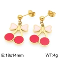 Orecchini a ciliegia con fiocco rosa in finitura dorata, misura 18x14mm e peso 4g - Orecchini a Bottone Ciliegia con Fiocco Pendenti (KE119434-Z)