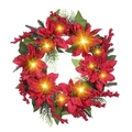 Christmas wreath with red poinsettias, berries, pinecones, and warm LED lights - 45cm/Lighted