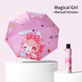 Pink manual folding umbrella with cute cartoon girl illustration and safety features - Manual Inverted - Magic Girl [Reflective Strip]