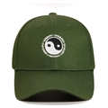 Close-up of Tai Chi embroidery and Swimming text on dark green cotton baseball cap - Adjustable / Army Green