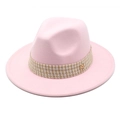 Close-up of pink wool fedora hat featuring a woven band and golden M-logo emblem - Pink