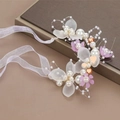 Children's headband with white and light purple petals, pearls, and golden leaf details - Pearl Flower Bracelet-Purple