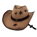 Vintage straw cowboy hat with five-point star and bull head badge on wide brim - Khaki
