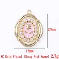 Pink enamel rose pendant charm with faux pearl border and light gold KC finish - 13826-KC Gold Plated-Glossy Pink Enamel Oval Rose
