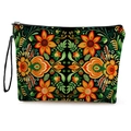 Folk floral pattern makeup bag in black with orange flowers and wrist strap - Orange Folk Art Floral (Style 4)