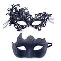 Black lace phoenix mask and blue glitter venetian masquerade eye mask set for parties - Black Ox Horn Mask + Black Lace Phoenix Mask