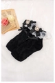 Detail of black Lolita socks with white lace trim, ribbon bow, and pearl rhinestone buckle - Black/Black Bow