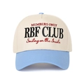 Detailed close-up of RBF Club vintage embroidery on a beige and light blue trucker hat - Light Blue