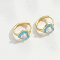 Golden heart earrings with sky blue enamel and sparkling zircon stone inlay - Blue