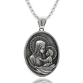 Collier avec pendentif portrait religieux ovale en acier inoxydable punk sur fond blanc - Vierge à l'Enfant / Pendentif avec chaîne de 60cm
