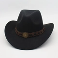Classic black felt western cowboy hat featuring brown leather band and metal star badge - One Size / Black
