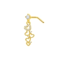 Detail view of heart-shaped gold nose stud with hanging charms and clear cubic zirconia - Multi-Heart Chain Style (24032801-2)