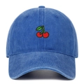 Detail of red cherry embroidery on dark blue washed denim baseball cap fabric - Dark Blue