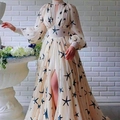 Cream chiffon maxi dress with dark starfish print, lantern sleeves, and high-slit detail - S / Dresses / Beige Blue