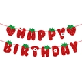 Sparkly red glitter strawberry Happy Birthday banner with green leaves for party decor - Happy Birthday Letter Banner