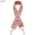 Close-up of pink morning glory embroidery and golden metal hooks on adjustable bag strap - A-17 Pink