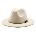 Detail of off-white wide brim fedora hat featuring a woven band and metallic beads decor - Beige