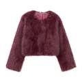 Close-up of the plush faux fur texture and round neck detail on this burgundy jacket - XS / Burgundy