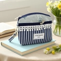 Handmade fabric coin purse with blue stripes, grey floral pattern and lace trim - Black Gray Dandelion Coin Purse