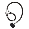 Adjustable crossbody phone lanyard with black woven strap and secure metal hooks - Black Patch + Black Gold Dotted Rope