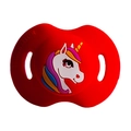 Funny baby pacifier with a cute colorful unicorn design on a red silicone base - Unicorn Pacifier / Red